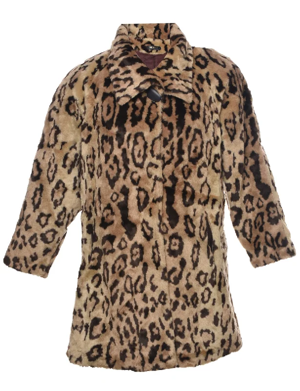 Leopard Print Faux Fur Coat - L Knit Woven Fleece