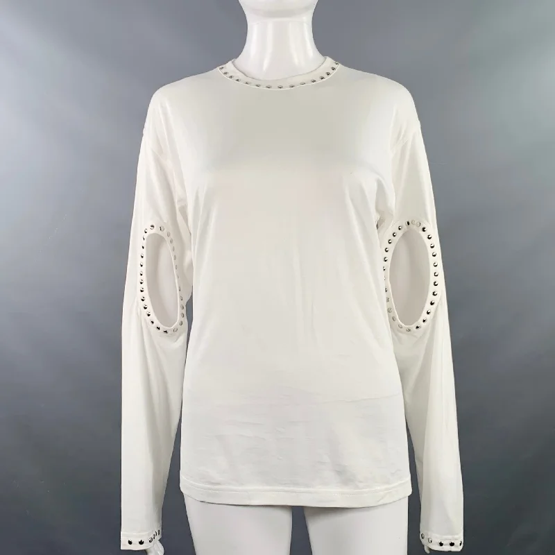 BURBERRY Size XXS White Silver Cotton Studded Cutout Pullover One Shoulder Top