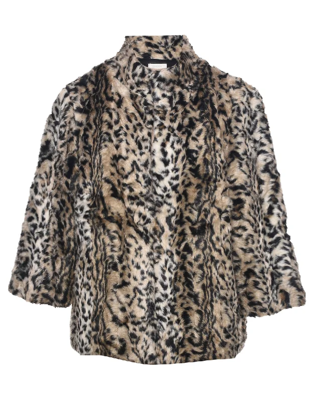 Leopard Pattern Faux Fur Coat - L Boat Shawl Notched