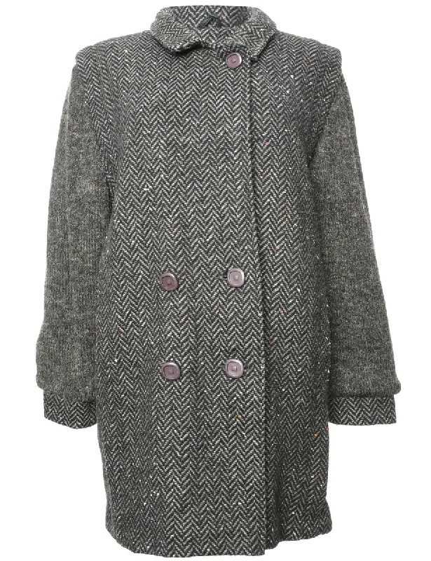 Herringbone Wool Coat - L Buttoned Zippered Snapped