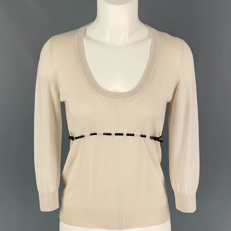 PRADA Size 4 Cream Black Wool Silk Patent Leather Pullover Lantern Sleeve Elegant