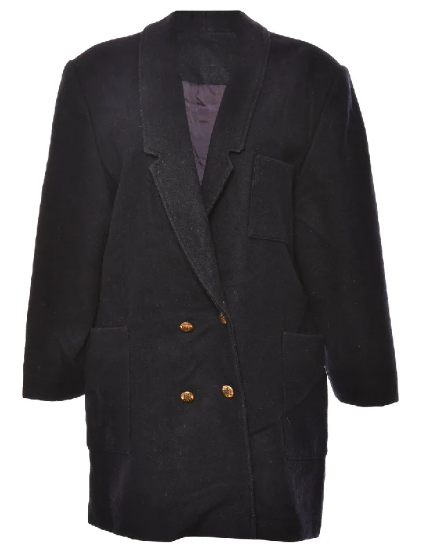 Double-Breasted Navy Wool Coat - L Houndstooth Jacket Shearling Jacket Fleece Jacket