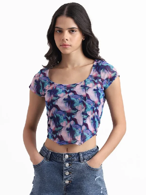 Nuon Purple Multicolor Printed Slim Fit Mesh Crop Top Solid Print Embellished