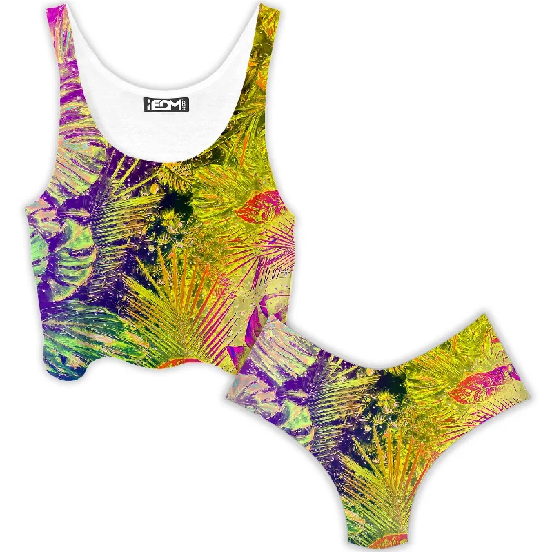 Junglist Rainbow Crop Top and Booty Shorts Combo Hooded Caped Shawl Collar