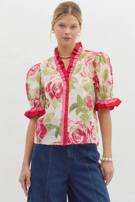 Floral Print Elasticated Short Puff Sleeve Pullover Top One Shoulder Top