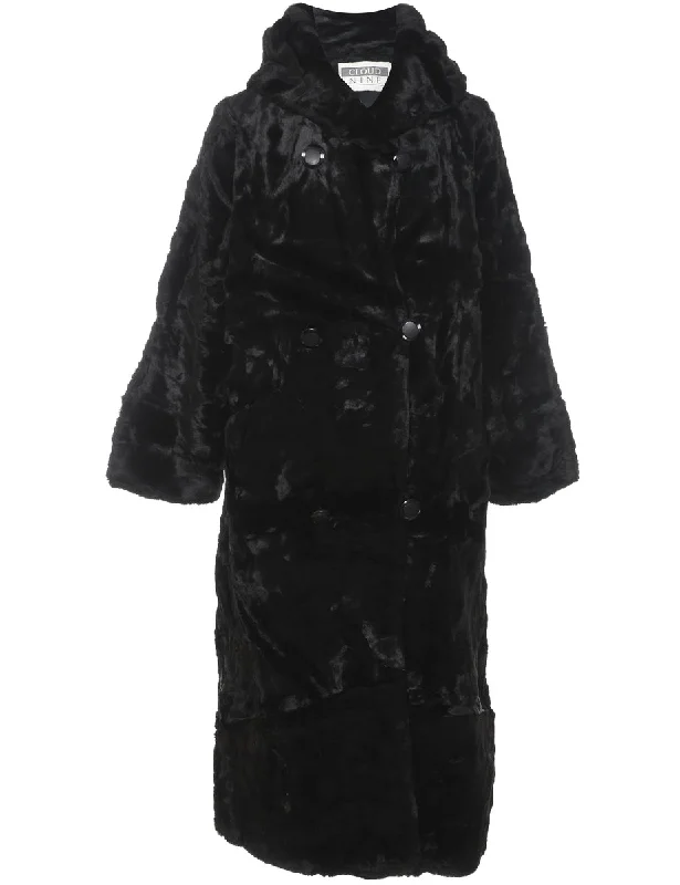 Double Breasted Long Black Faux Fur Coat - L Bomber Denim Leather