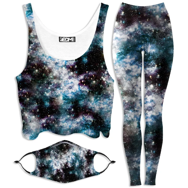 Party God Galaxy Crop Top and Leggings with PM 2.5 Face Mask Combo Collared Crop Top Boat Neck A-Line