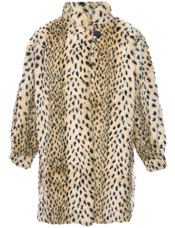Leopard Pattern Faux Fur Coat - L Fitted Loose Oversized