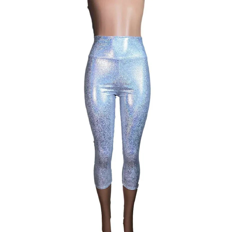 Silver Holographic Cropped Capri Leggings Pants Trendy Seamless Fit Leggings