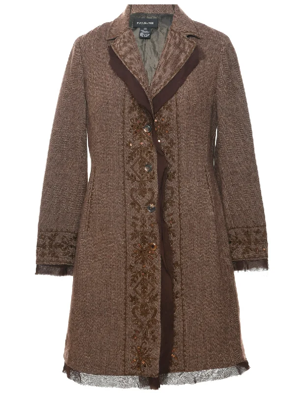 Herringbone Tweed Wool Coat - M Embroidered Appliqued Beaded