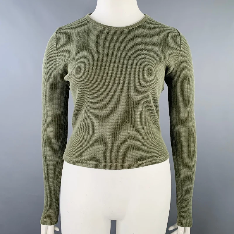 RALPH LAUREN Size L Green Olive Cotton Waffle Knit Crew Neck Pullover Three Quarter Sleeve RALPH LAUREN Size L Green Olive Cotton Waffle Knit Crew Neck Pullover Three Quarter Sleeve