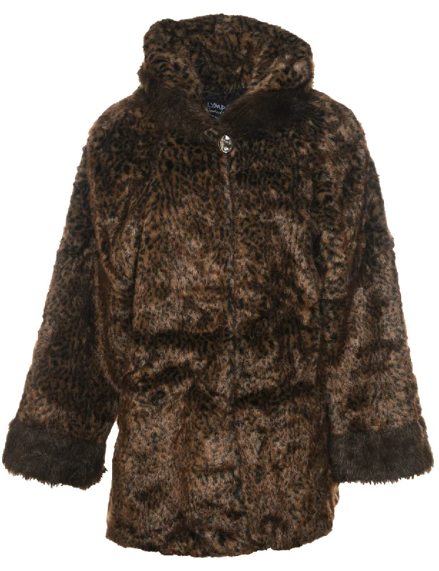 Leopard Pattern Black & Dark Brown 1990s Faux Fur Coat - L Vent Hem Cuff