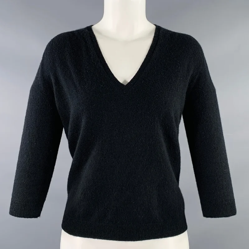 JIL SANDER Size M Black Cashmere Knit V-Neck Pullover Boxy Neck Sweater