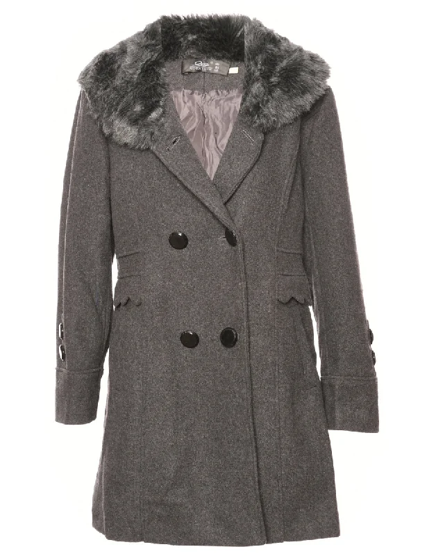 Grey Fur Collar Coat - XL Wool Cashmere Tweed