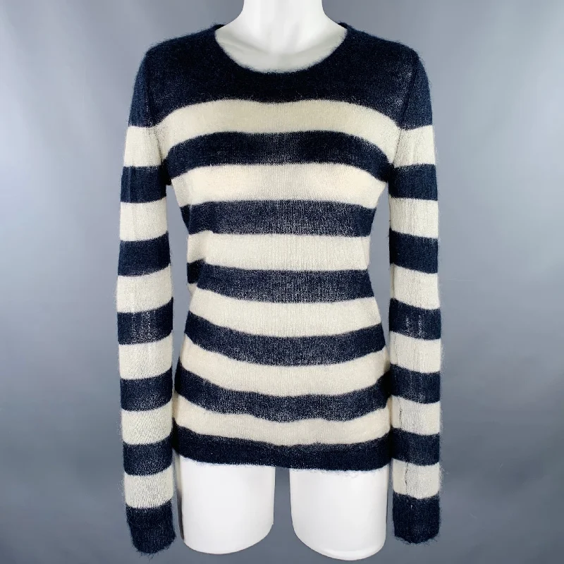 SCOTCH AND SODA Size M Navy Cream Stripe Crew Neck Pullover Long Bell Sleeve