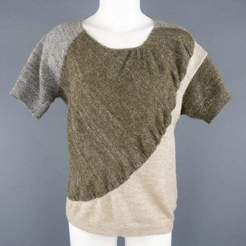 DRIES VAN NOTEN Size S Olive Silver & Beige Wool Blend Short Sleeve Pullover Cold Shoulder Design DRIES VAN NOTEN Size S Olive Silver & Beige Wool Blend Short Sleeve Pullover Cold Shoulder Design
