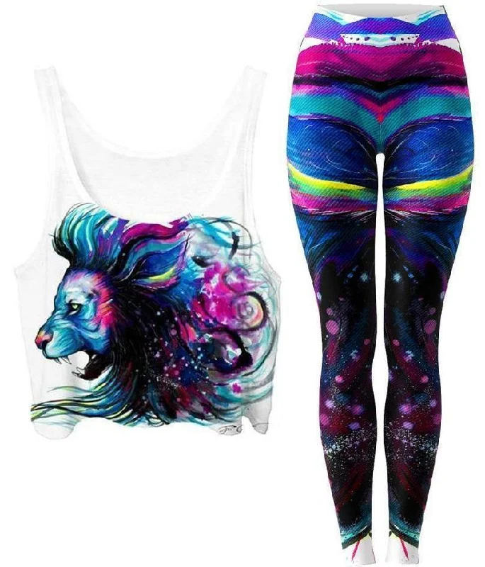 Lion Color Crop Top and Leggings Combo Nylon Fabric Polyester Fabric Spandex Fabric