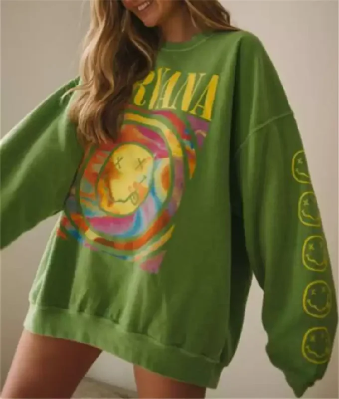 Women Street Fashion Pullover Letter Smiling Face Print Round Neck Sweatshirt Loose Top Puff Sleeve Stylish Women Street Fashion Pullover Letter Smiling Face Print Round Neck Sweatshirt Loose Top Puff Sleeve Stylish