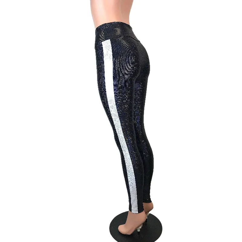 Black w/ Silver Stripe Shattered Glass Holographic Leggings Pants Chic Printed Yoga Pants Black w/ Silver Stripe Shattered Glass Holographic Leggings Pants Chic Printed Yoga Pants