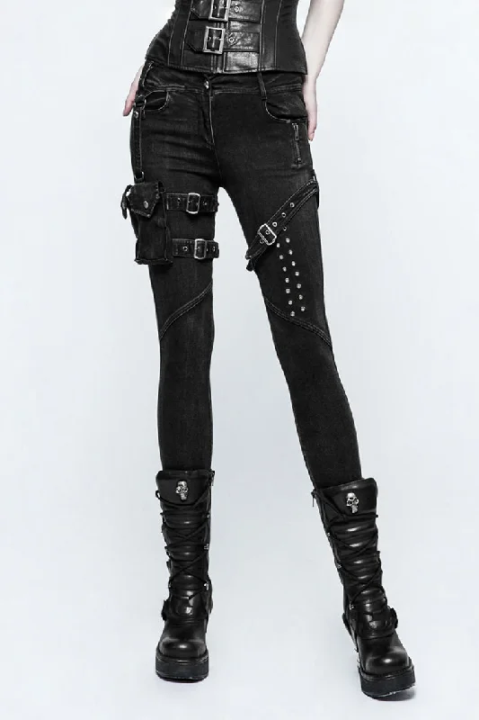 Black Removable Pocket Buttonhole Trim Skinny Stretch Denim Women's Punk Trouser Trousers Bridal Satin