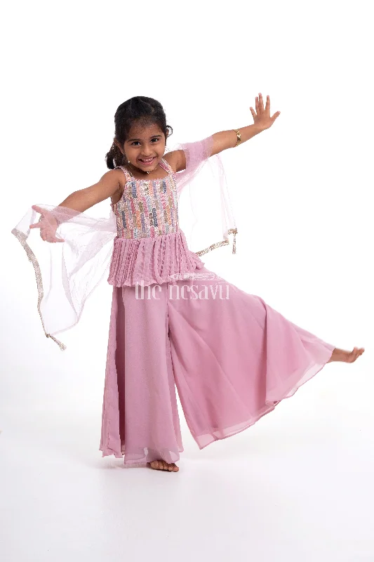 Purple Crop Top with Plazzo Set for Girls - Designer Embroidered Peplum Blouse & Crush Pleated Pants Wool Fabric Cashmere Fabric Tweed Fabric Purple Crop Top with Plazzo Set for Girls - Designer Embroidered Peplum Blouse & Crush Pleated Pants Wool Fabric Cashmere Fabric Tweed Fabric