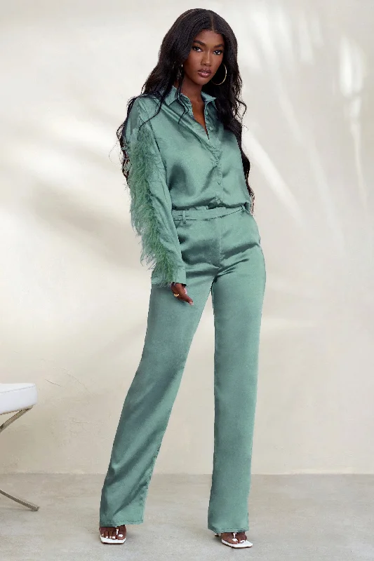 Evening Memories | Duck Egg Blue Satin Wide Leg Trousers Trousers Cargo pockets