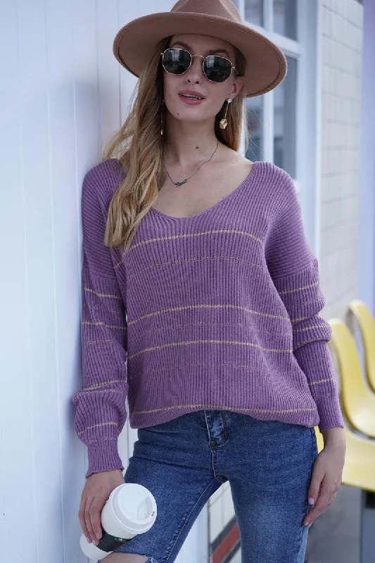 LOOSE SHOULDER STRIPE KNITTED PULLOVER SWEATER Shawl Collar Sweater