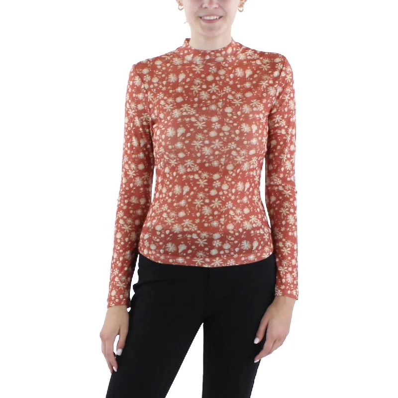Black Tape_ Womens Mesh Floral print Pullover Top Ruffle Sleeve Feminine