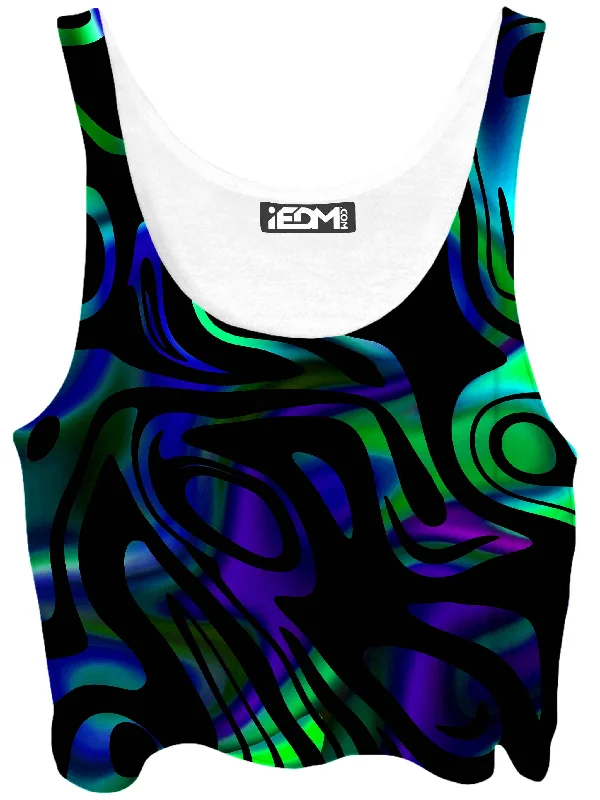 Network Abstract Crop Top Spandex Blend Rayon Blend Denim Blend