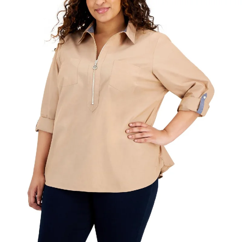 Tommy Hilfiger Womens Plus Zipper Cotton Pullover Top Cowl Neck Pullover