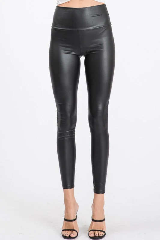 HEM139 - FAUX LEATHER LEGGINGS Trendy Cut-Out Activewear Leggings