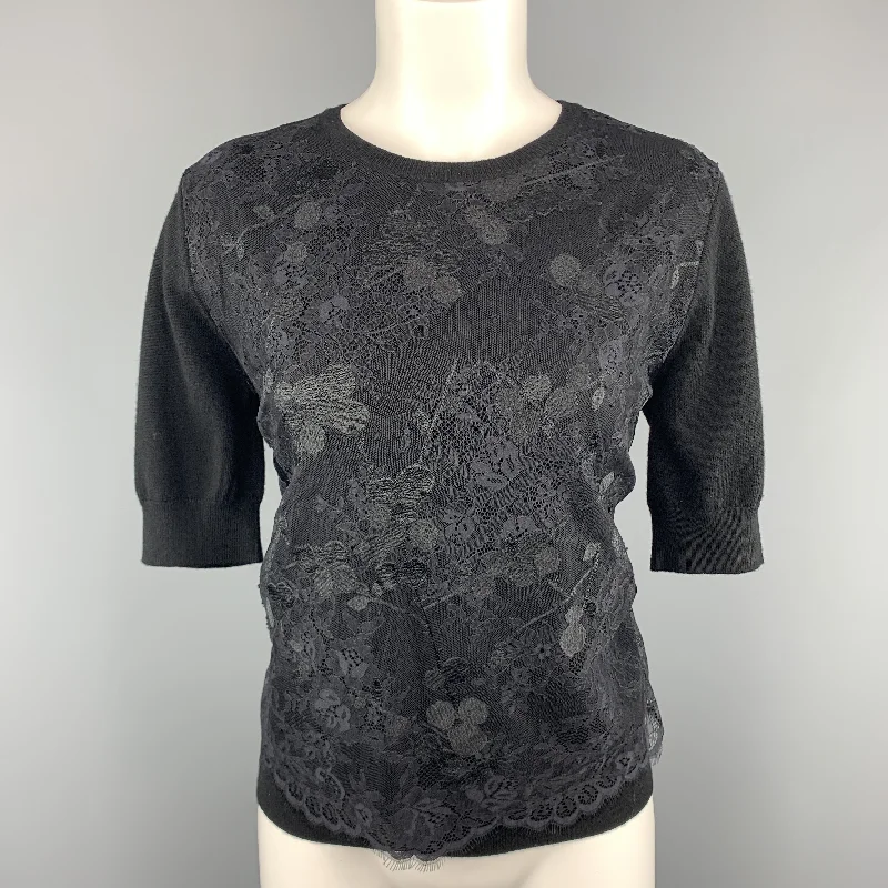CARVEN Size L Black Merino Wool Lace Overlay Short Sleeve Pullover Ruffled Neck Pullover CARVEN Size L Black Merino Wool Lace Overlay Short Sleeve Pullover Ruffled Neck Pullover