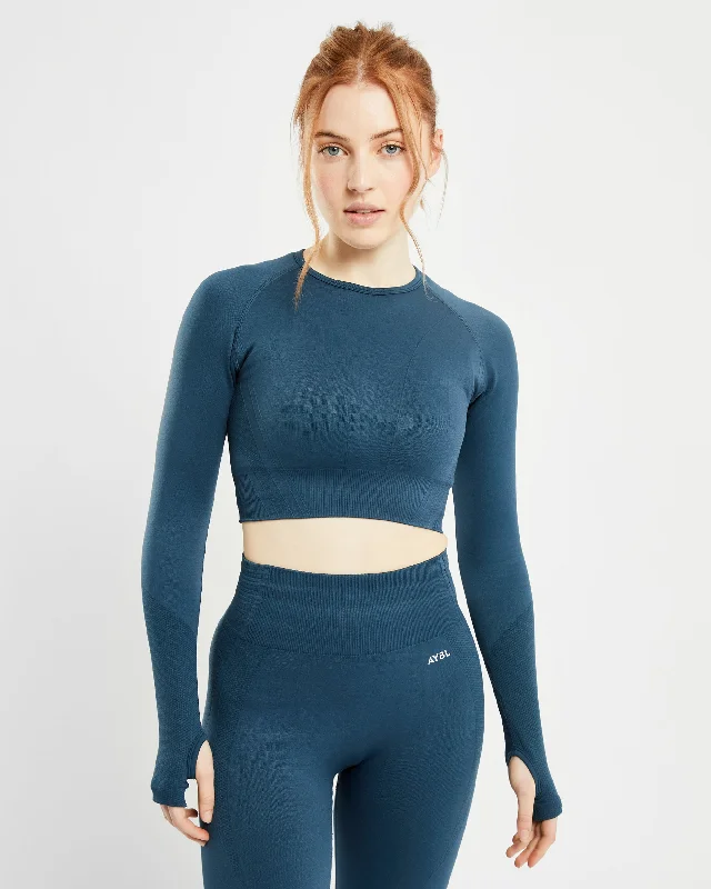 Balance V2 Seamless Long Sleeve Crop Top - Marine Blue Front Pockets Side Pockets Patch Pockets Balance V2 Seamless Long Sleeve Crop Top - Marine Blue Front Pockets Side Pockets Patch Pockets
