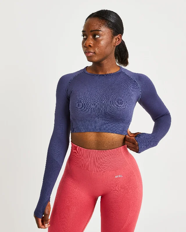 Balance V2 Seamless Long Sleeve Crop Top - Navy Blue Zippered Buttoned Snapped