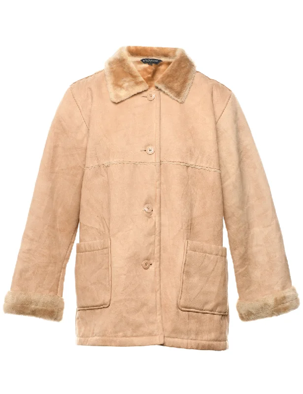Light Brown Shearling Lined Coat - L Pleated Ruffled tiered
