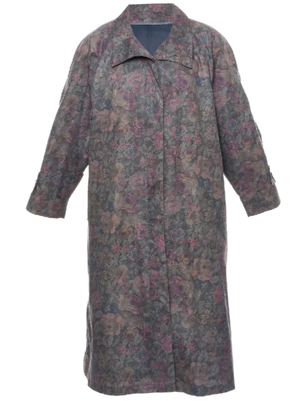 Floral Pattern Trench Coat - L Tailored Straight A-Line