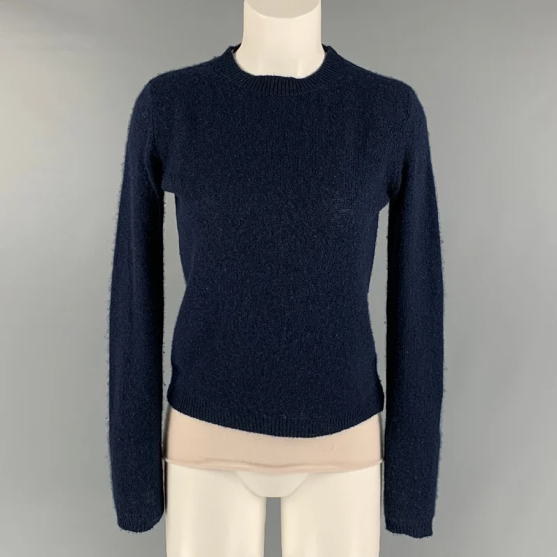 BROCHU WALKER Size S Navy Cream Cashmere Crew-Neck Pullover Lapel Neck Sweater