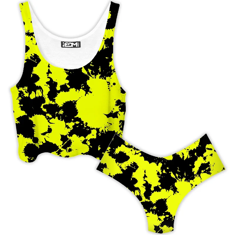 Yellow and Black Paint Splatter Crop Top and Booty Shorts Combo Hooded Caped Shawl Collar Yellow and Black Paint Splatter Crop Top and Booty Shorts Combo Hooded Caped Shawl Collar