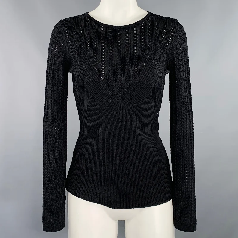 MANOUSH Size M Black Rayon Blend Rib Knit Pullover Shirred Sleeve Feminine