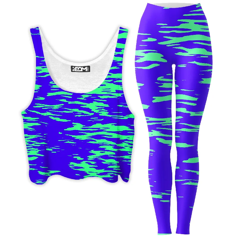 Purple Mint Rave Zebra Stripe Crop Top and Leggings Combo Print Jacquard Patchwork