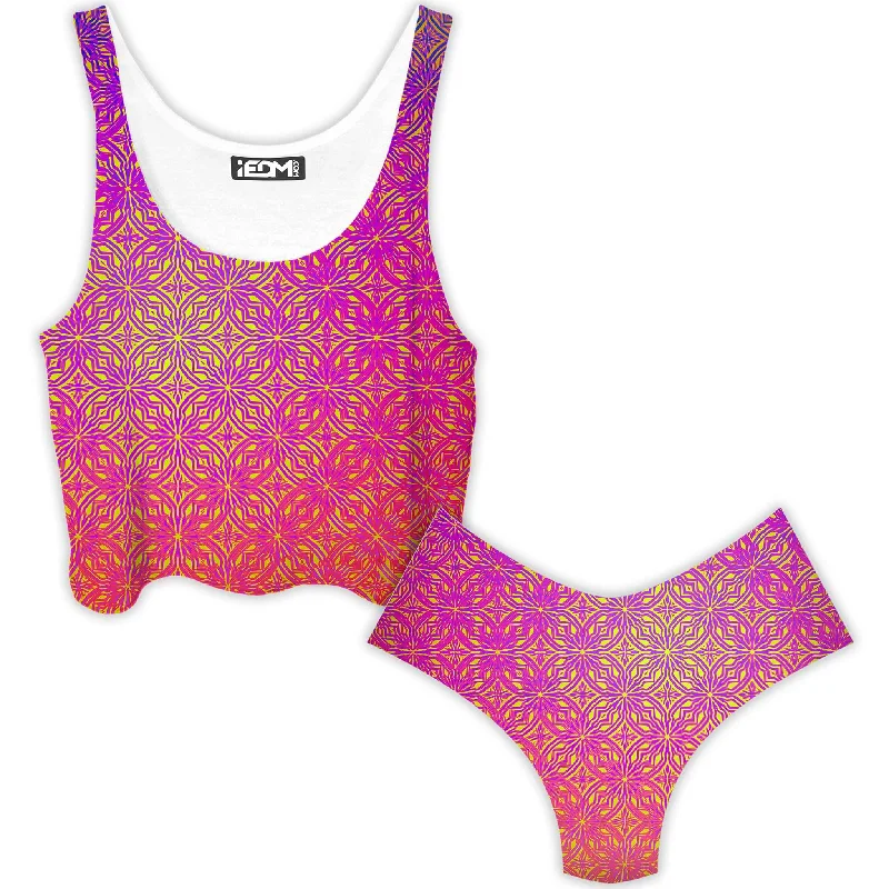 Psy Mosik Starburst Crop Top and Booty Shorts Combo Collared Crew Neck Turtle Neck