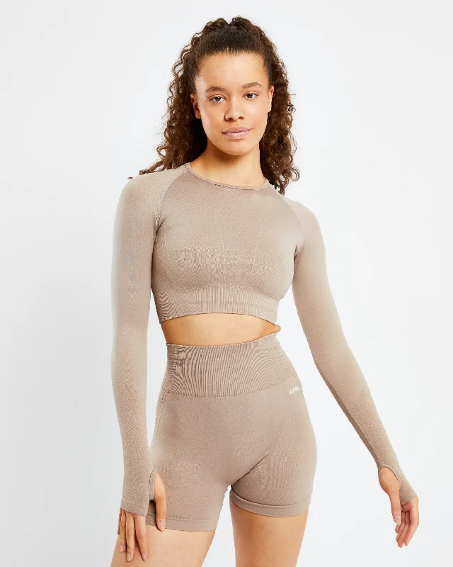 Balance V2 Seamless Long Sleeve Crop Top - Mocha Jersey Fabric Tulle Fabric Batik Fabric