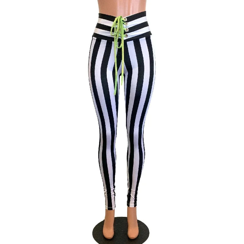 Lace-Up High Waist Leggings - Black & White Striped Fashionable Quick-Dry Leggings
