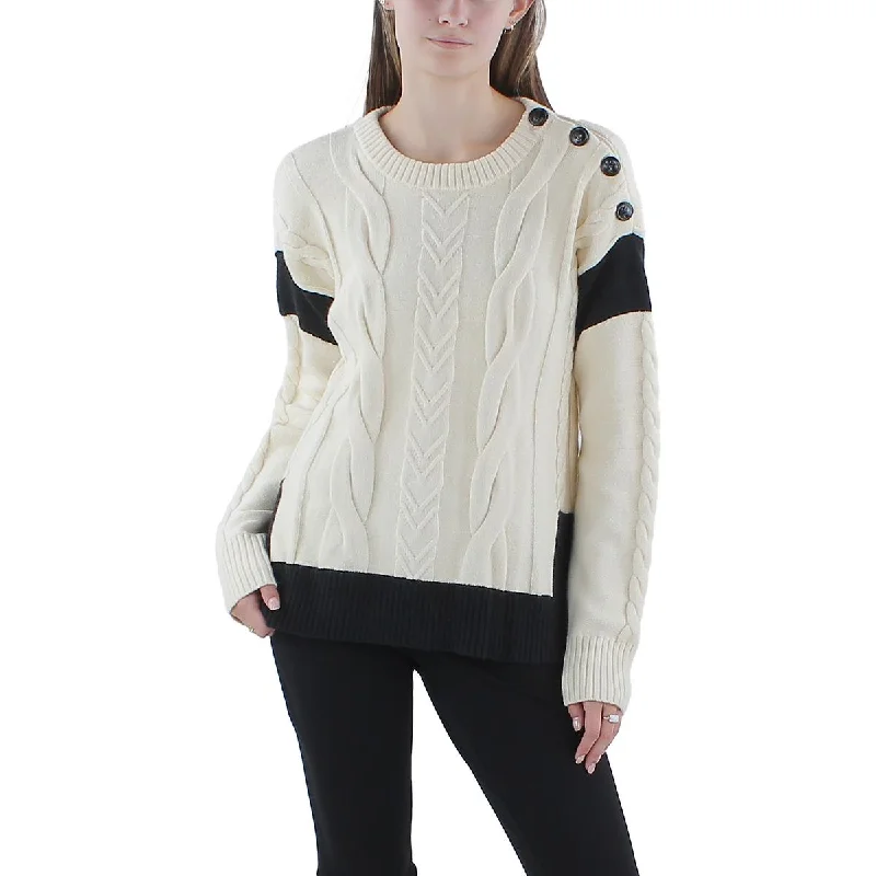 Karl Lagerfeld Paris Womens Colorblock Cable Knit Pullover Sweater Surplice Neck Pullover