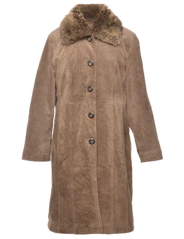 Single-Breasted Brown Suede Coat - M Mesh Canvas Denim