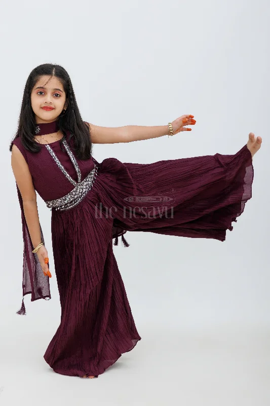 Magenta Chinon Silk Sharara Set with Crop Top Polka Dot Checkered Tartan