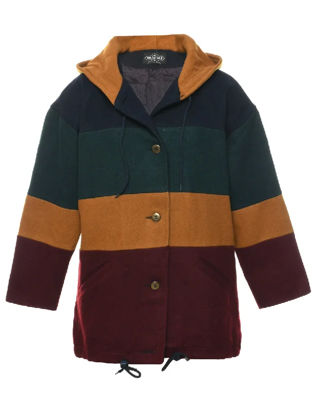 Hooded Colour Block Wool Coat - L Bodycon Sheath Shift