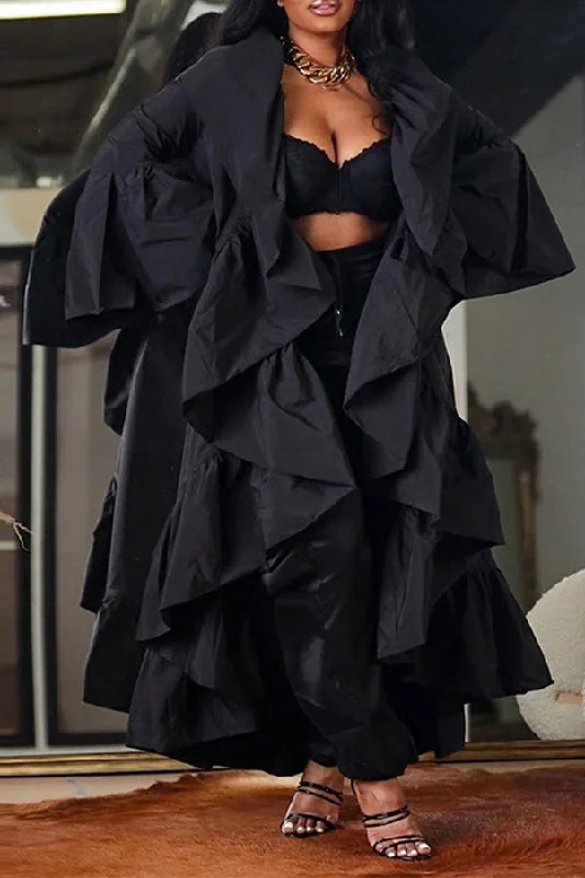 storexq Solid Color Gothic Ruffle Trench Coat Collared Crew Neck Turtle Neck