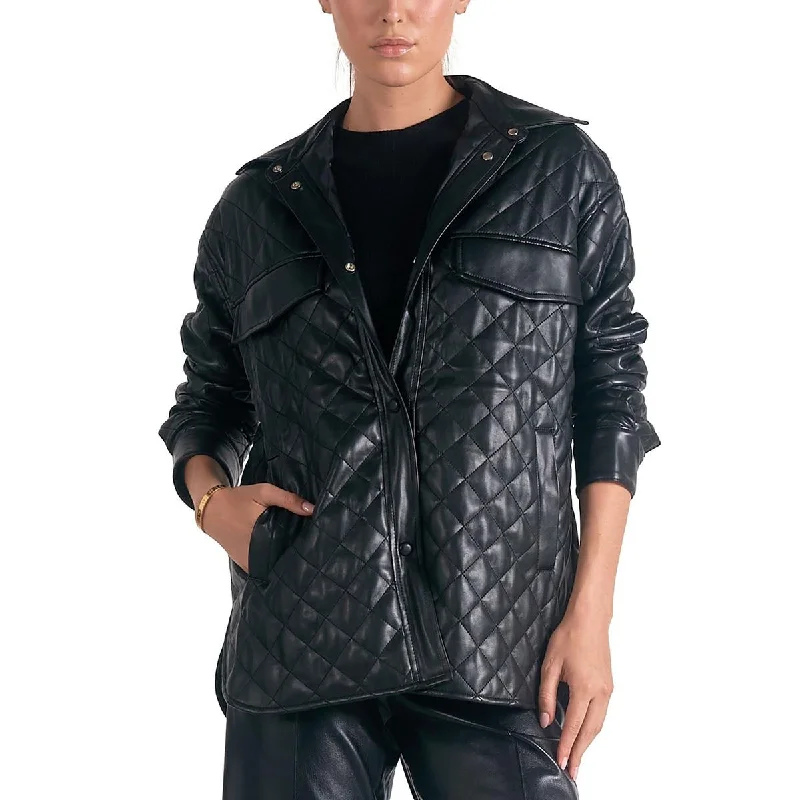 Elan Womens Collar  Quilted Coat Buttoned Toggled Snapped
