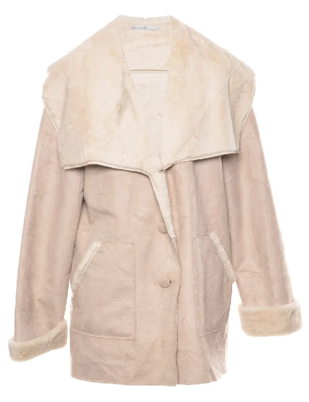 Faux Fur Lining Midi Length Coat - L Shawl Collar Notch Collar Lapel Collar